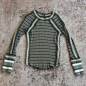 Gimmicks by BKE Striped Lace Long Sleeve Top - Green and Gray